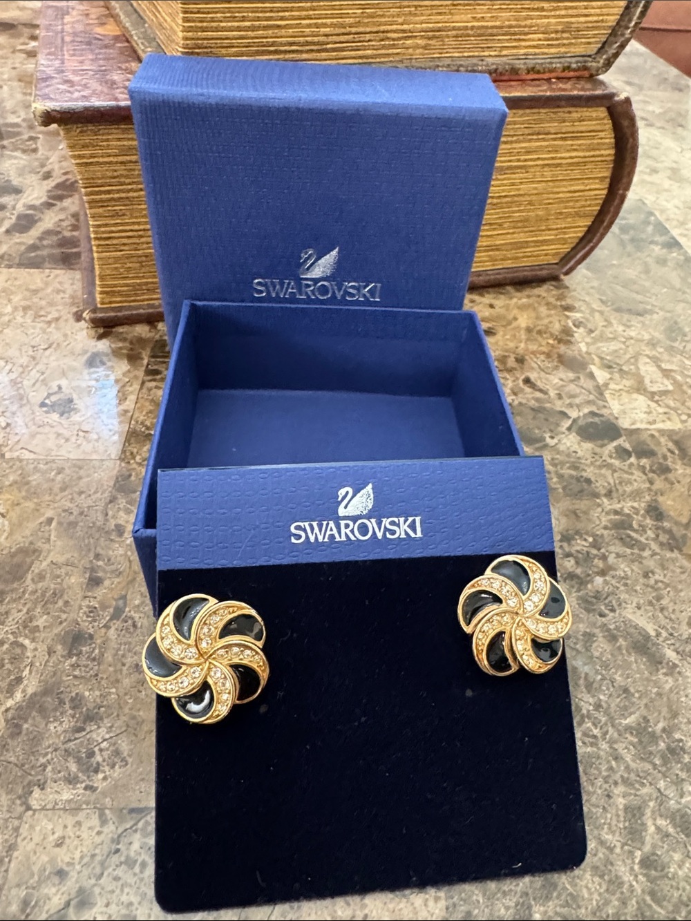 Vintage Swarovski Gold-Tone Black Enamel & Crystal Pinwheel Stud Earrings